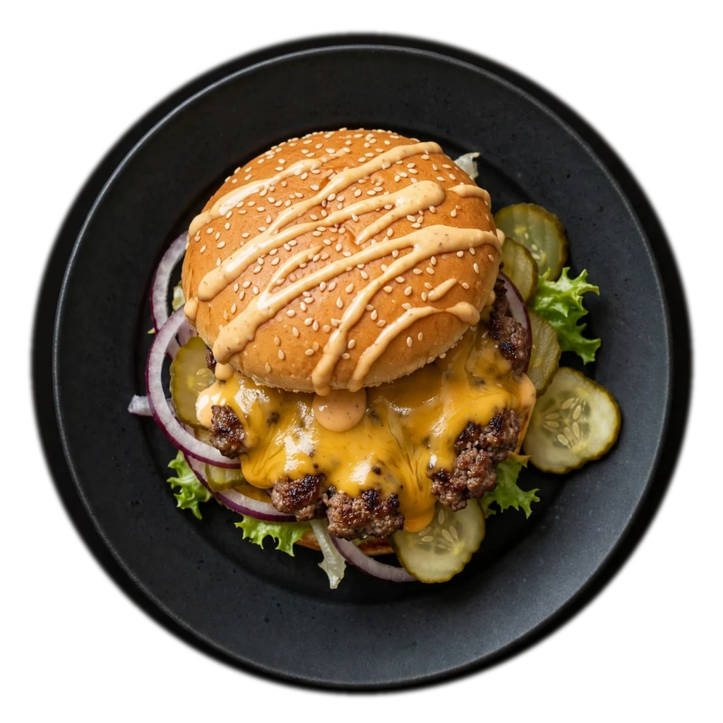 Demo menu item: a burger on a dark plate, seen from above