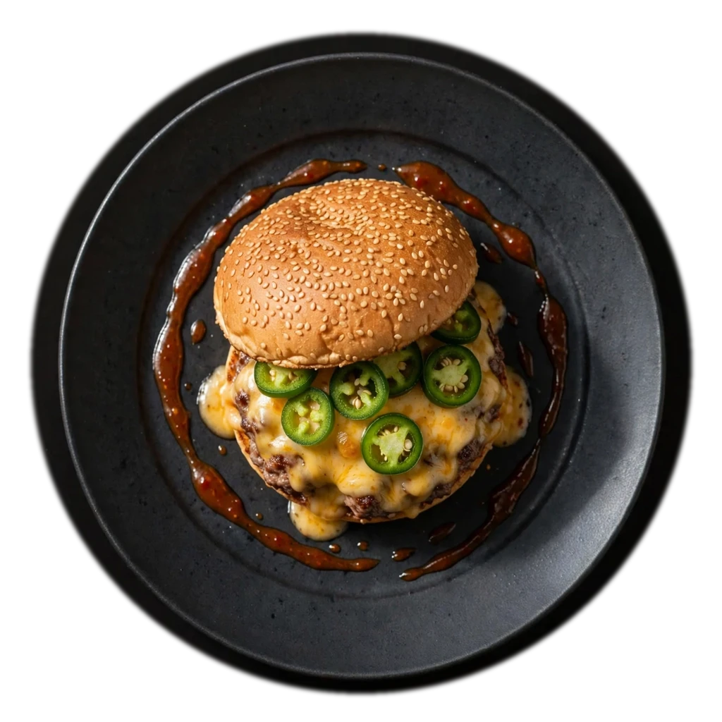 Demo menu item: a burger with jalapeños on a dark plate, seen from above