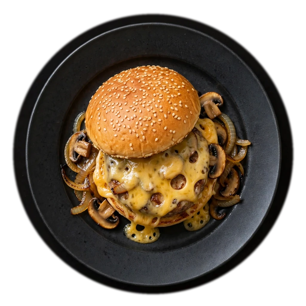 Mushroom Melt on a dark plate, seen from above