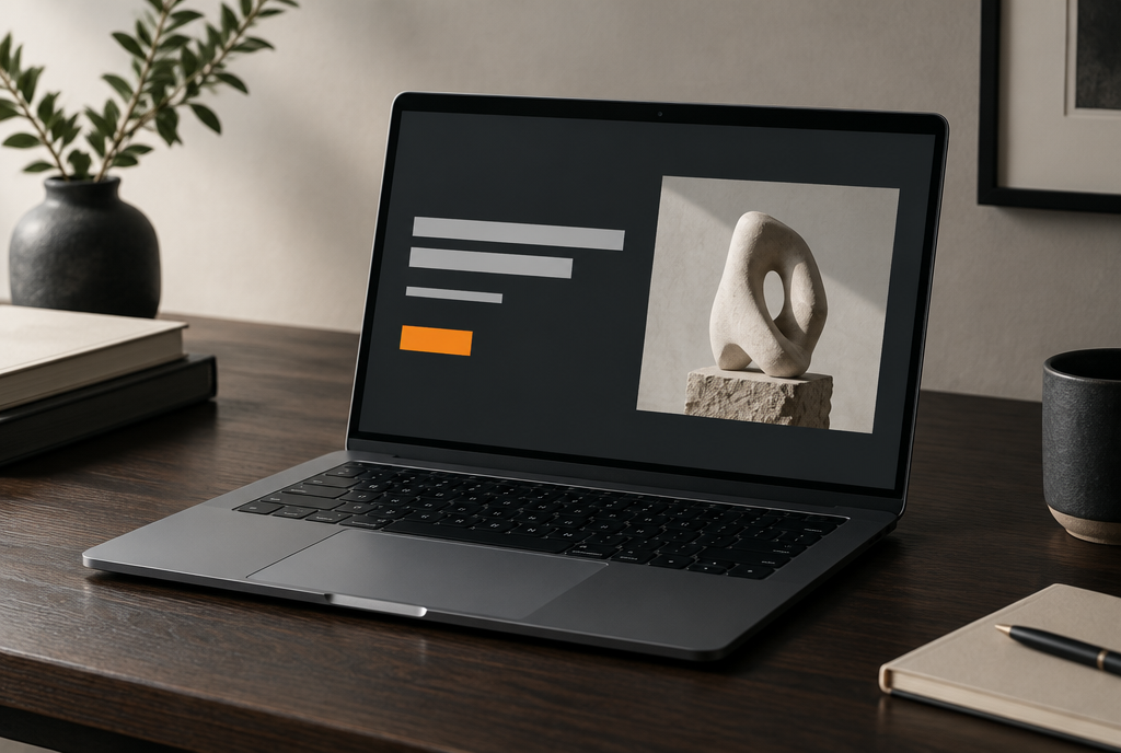 AI-generated concept image: laptop showing a grey-and-orange layout on a desk
