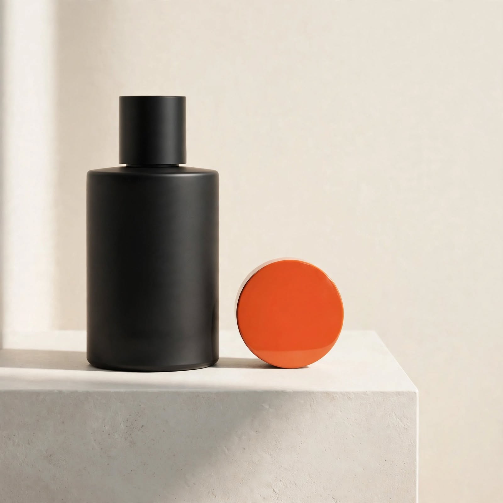 AI-generated concept image: matte black bottle with an orange lid on ivory