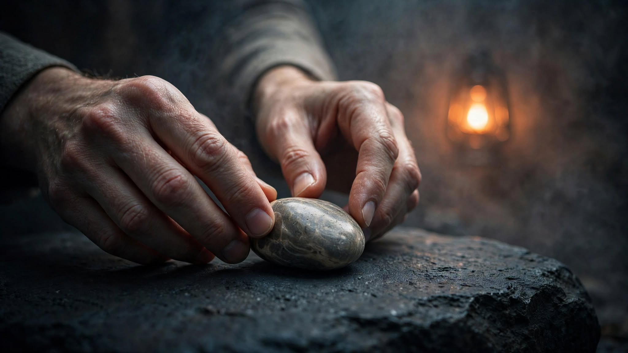 AI-generated concept image: hands placing a stone in warm lantern light