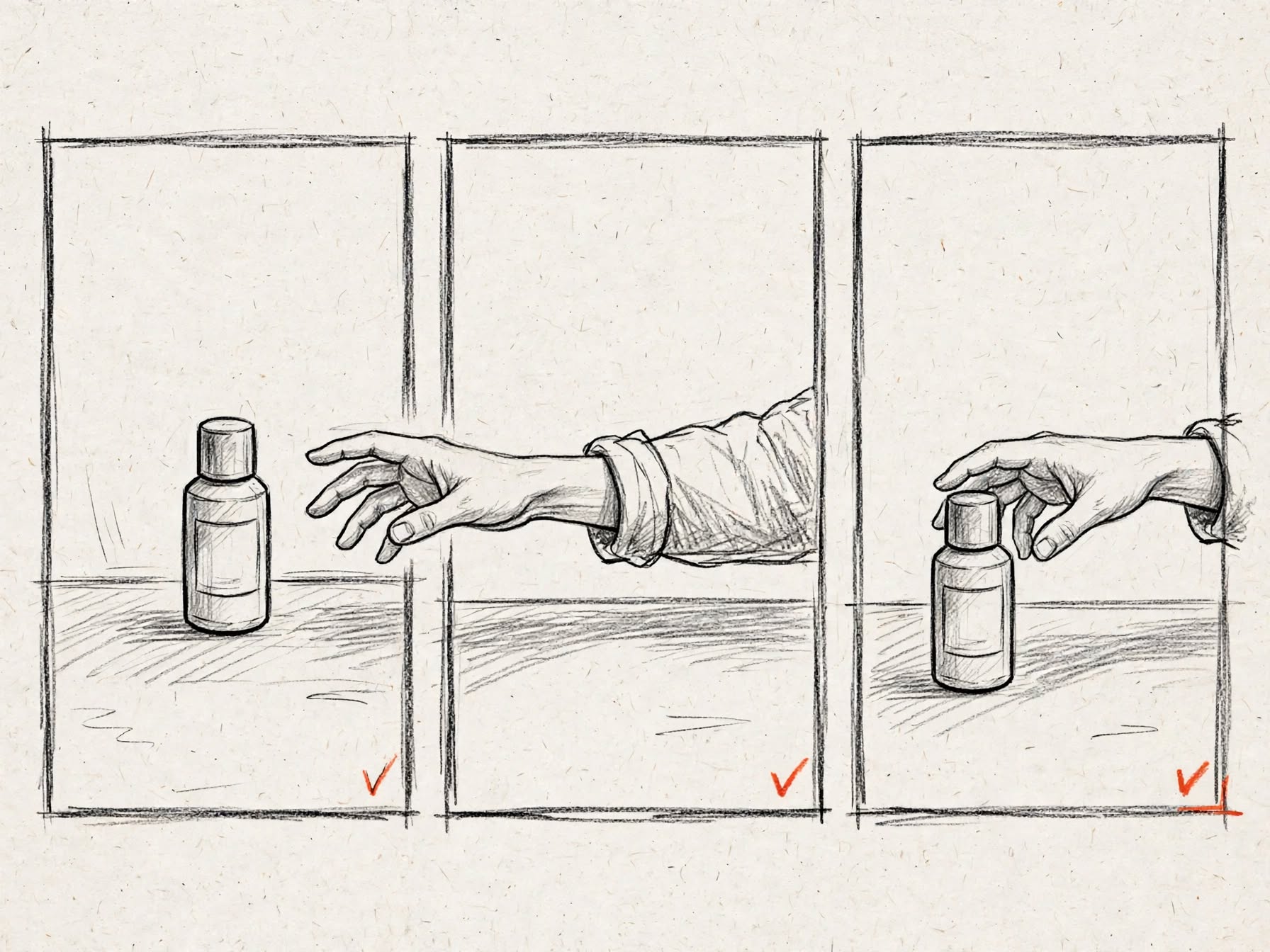 AI-generated concept image: three-panel pencil storyboard of a bottle