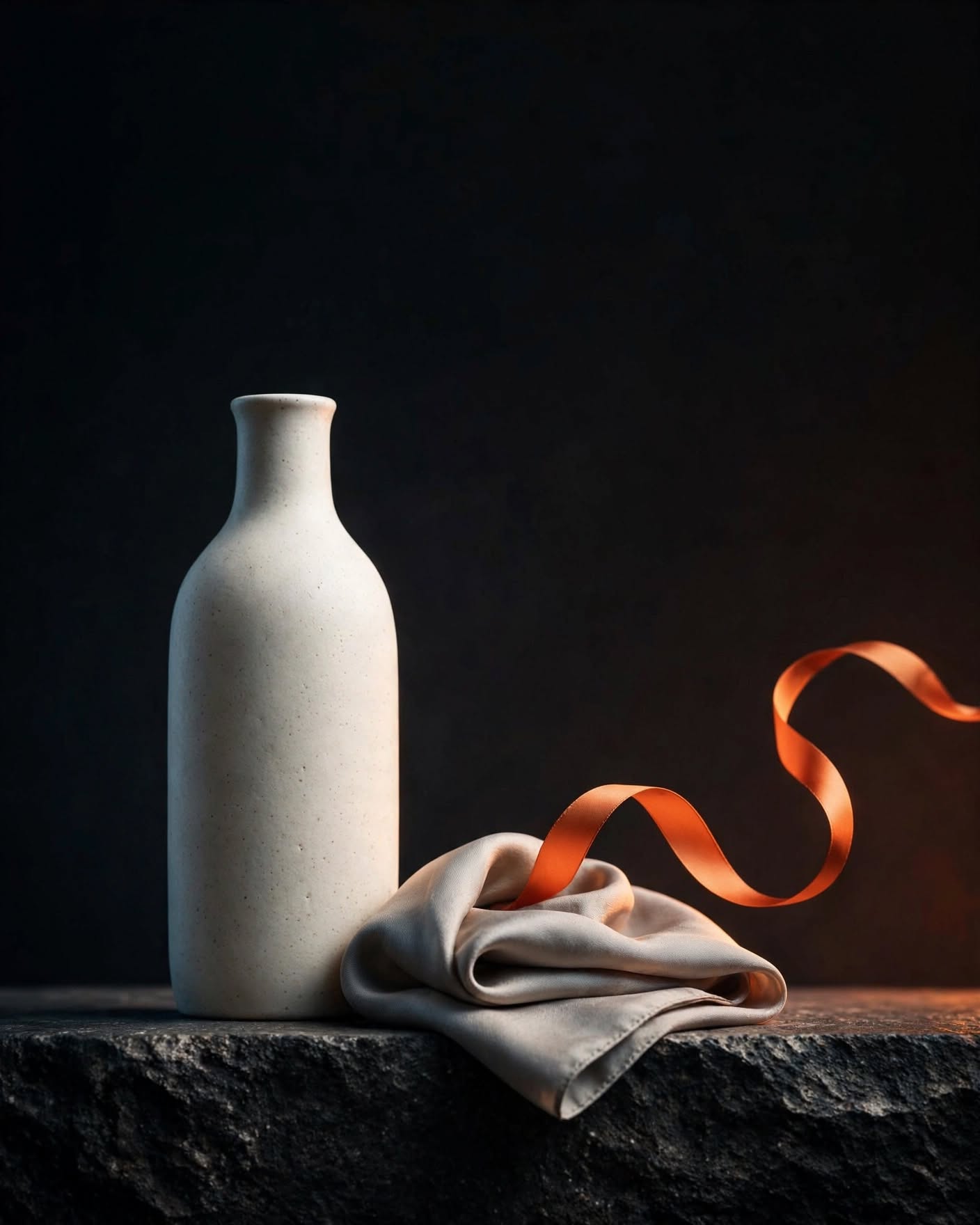 AI-generated concept image: ceramic bottle and orange silk ribbon on dark stone