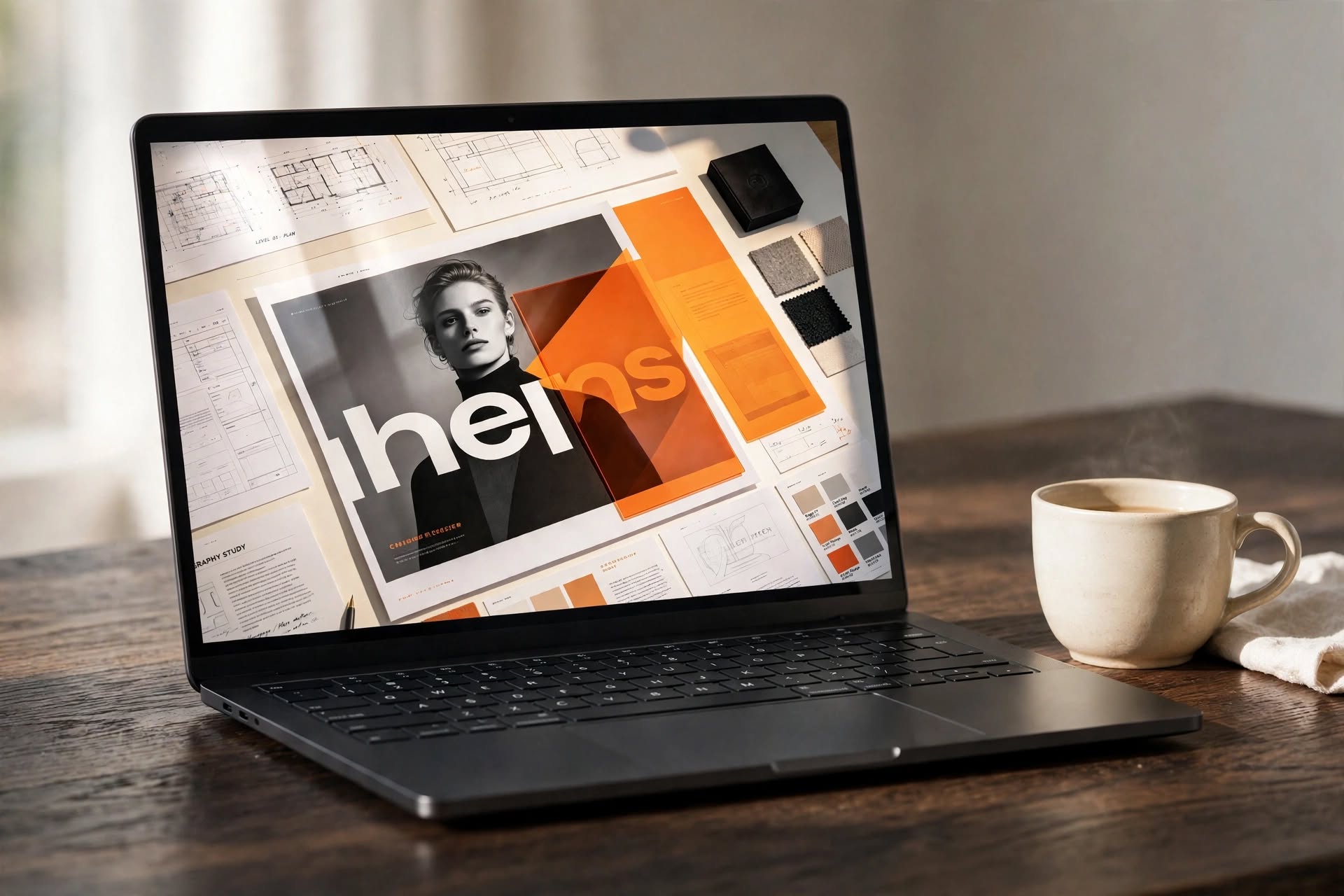 AI-generated concept image: laptop with an abstract studio layout on a wooden desk