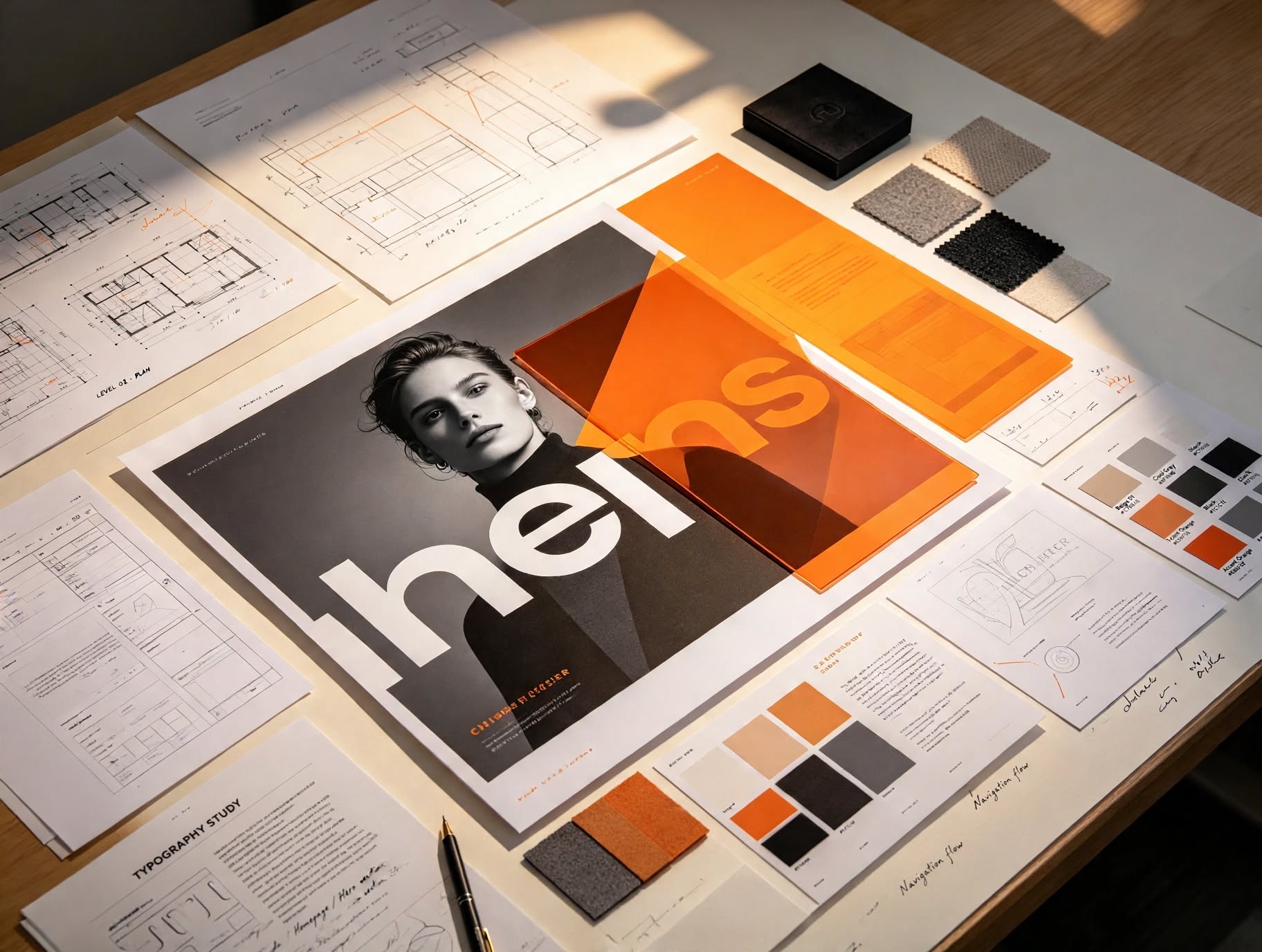 AI-generated concept image: website mood board on a desk with an orange accent